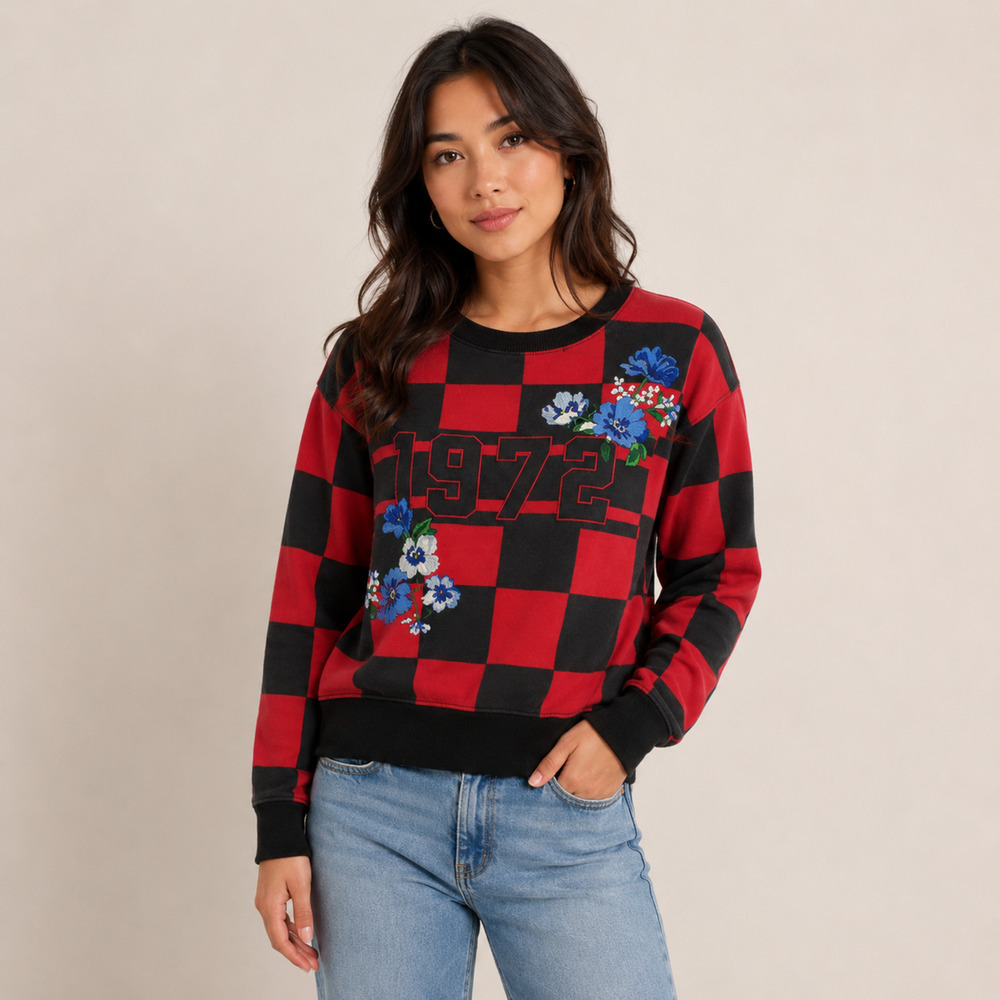 Anthropologie Maeve 1972 Checkerboard Floral Sweatshirt XS Red Black Vintage